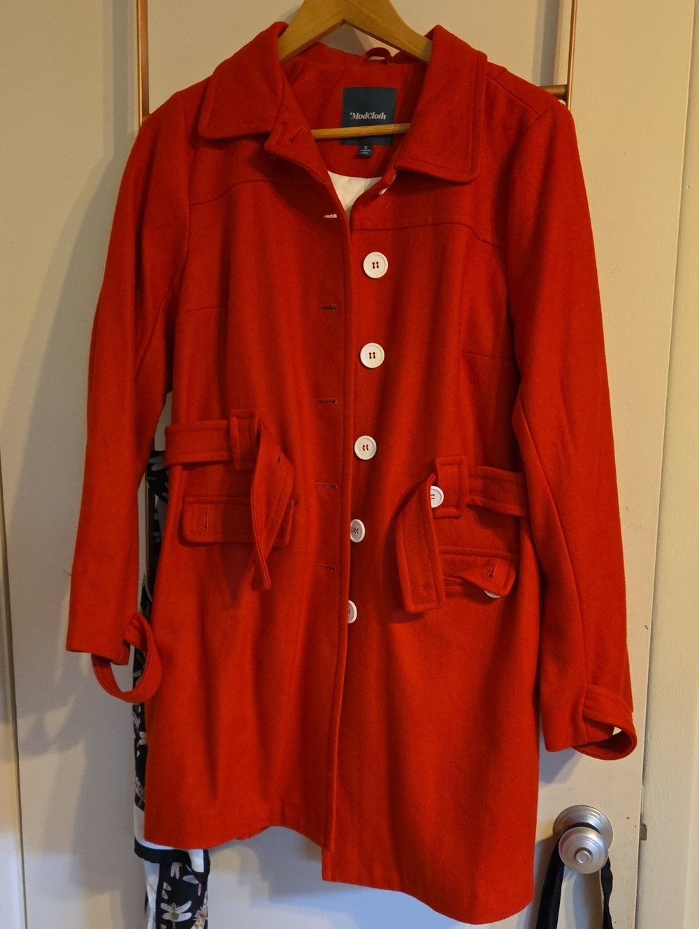 Modcloth Bold Red Wool Pea Coat with Belted Pockets